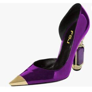 FSJ Women Bridal Pointed Toe Chunky Block High Heel Crystal Pumps Purple Heels